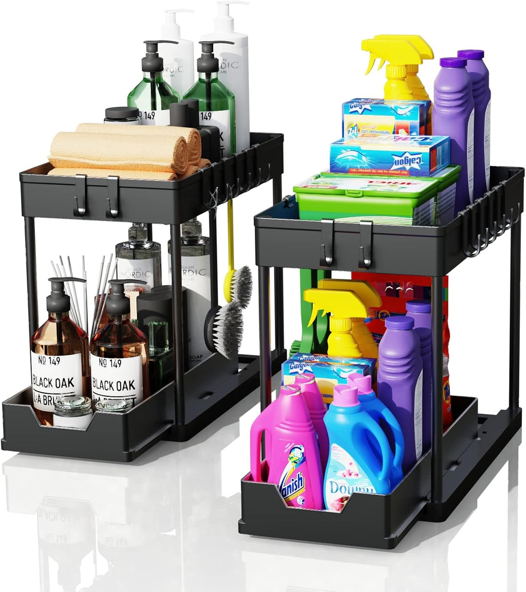 CARLA HOME 2 Pack Under Sink Organizer with Pull-Out Basket and Hooks for Bathroom & Kitchen-2034461358954778624