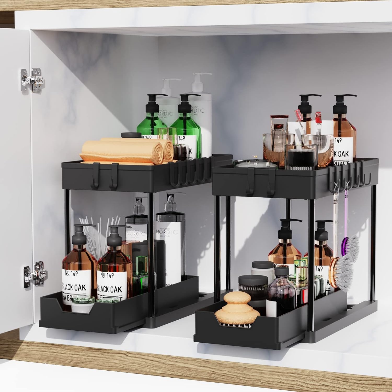 CARLA HOME 2 Pack Under Sink Organizer with Pull-Out Basket and Hooks for Bathroom & Kitchen-2034461358954778625
