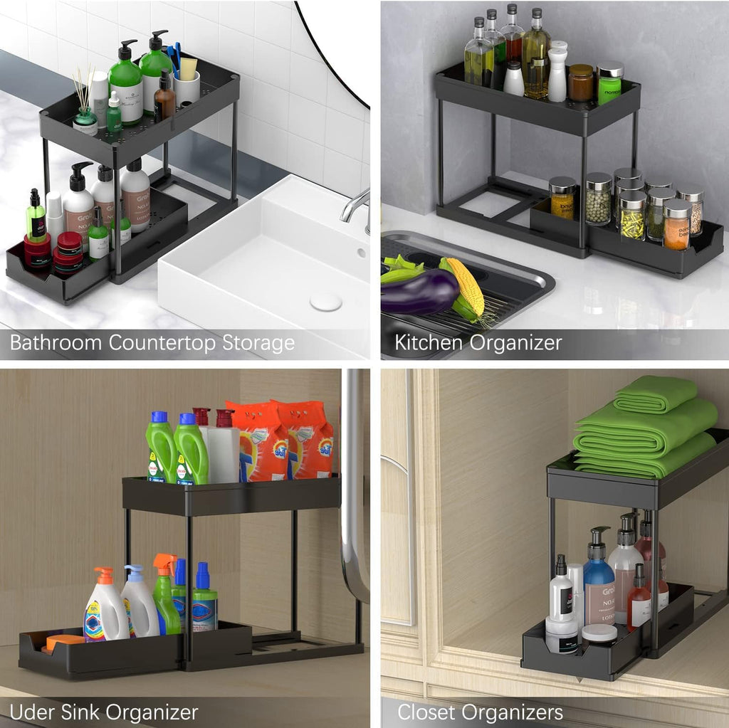 CARLA HOME 2 Pack Under Sink Organizer with Pull-Out Basket and Hooks for Bathroom & Kitchen-2034461358954778626