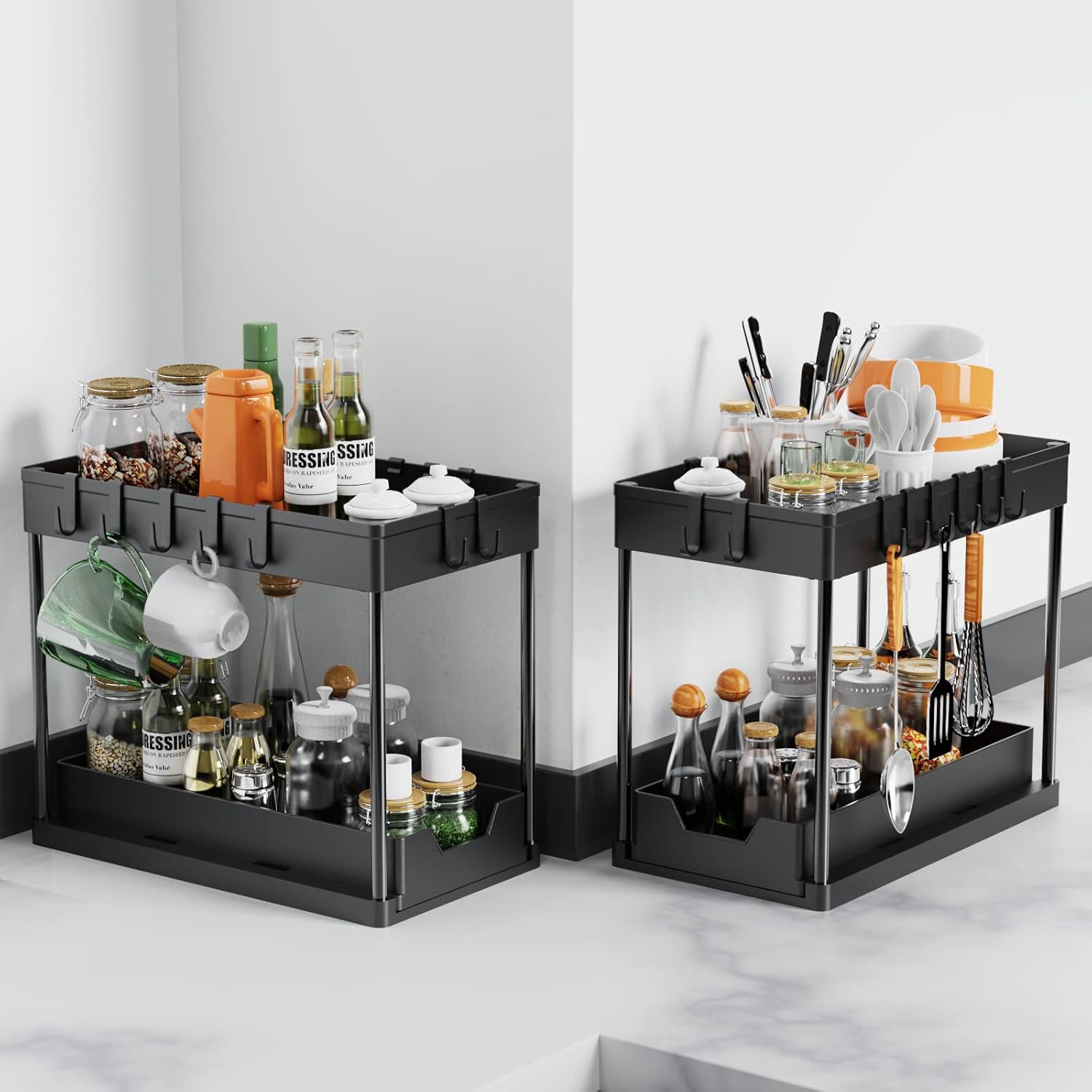 CARLA HOME 2 Pack Under Sink Organizer with Pull-Out Basket and Hooks for Bathroom & Kitchen-2034461358954778627