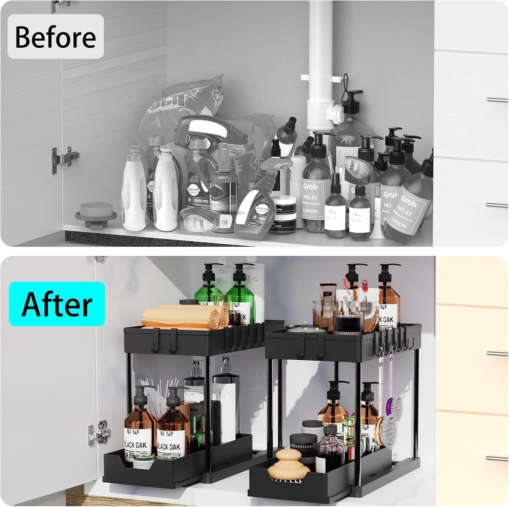 CARLA HOME 2 Pack Under Sink Organizer with Pull-Out Basket and Hooks for Bathroom & Kitchen-2034461358954778628