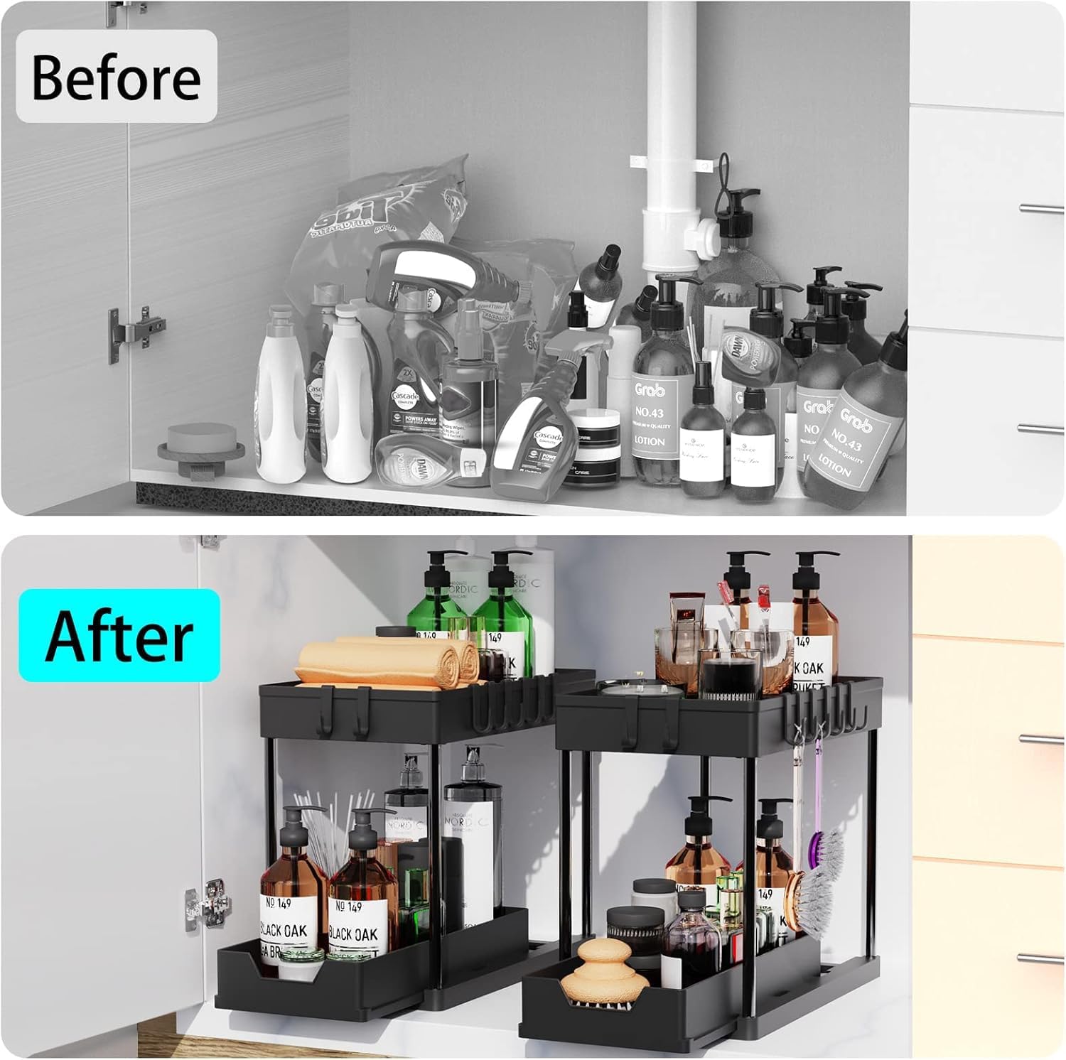 CARLA HOME 2 Pack Under Sink Organizer with Pull-Out Basket and Hooks for Bathroom & Kitchen-2034461358954778628