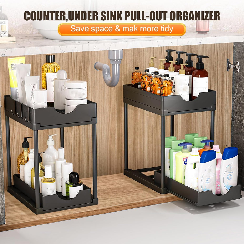 CARLA HOME 2 Pack Under Sink Organizer with Pull-Out Basket and Hooks for Bathroom & Kitchen-2034461358954778630