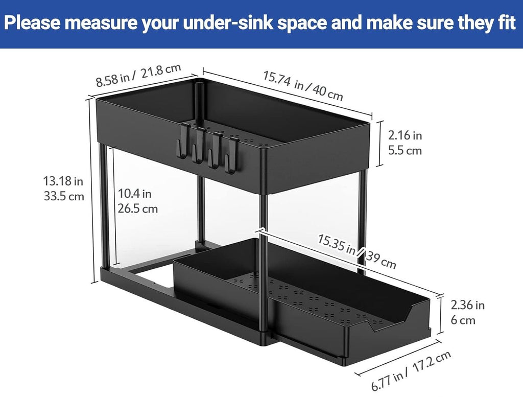 CARLA HOME 2 Pack Under Sink Organizer with Pull-Out Basket and Hooks for Bathroom & Kitchen-2034461358954778631