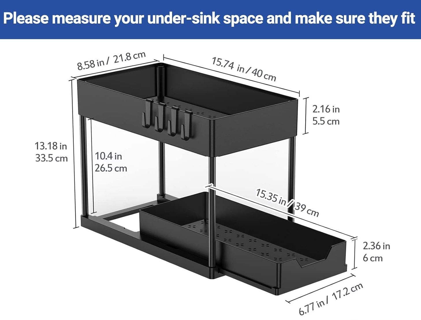 CARLA HOME 2 Pack Under Sink Organizer with Pull-Out Basket and Hooks for Bathroom & Kitchen-2034461358954778631