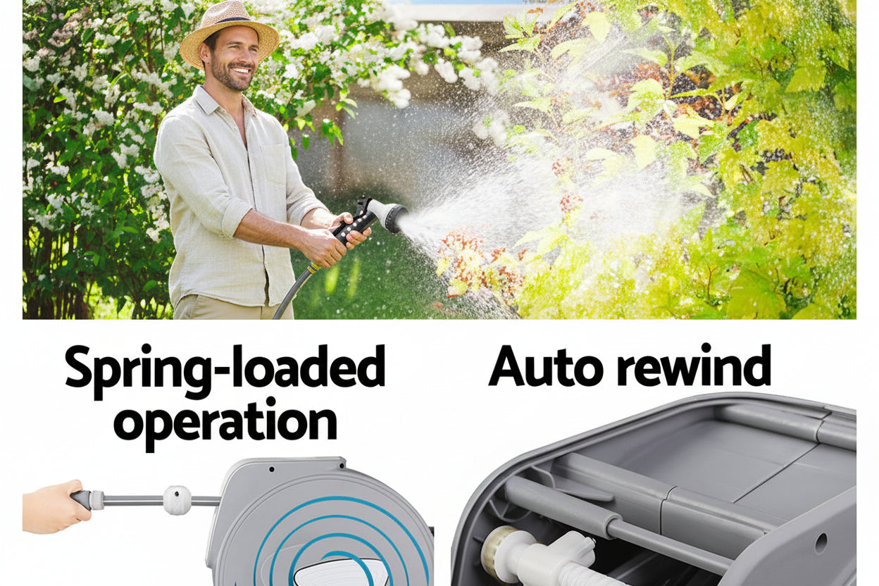 Water Hose Reel 10M Retractable Auto Rewind Garden Spray Gun