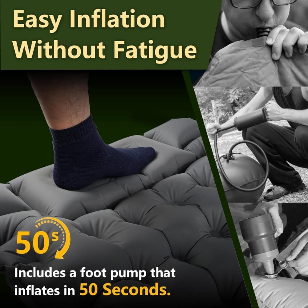 Self-inflating mattress 10cm, dark green, lightweight waterproof tear-resistant for camping beach hiking, with foot pump
