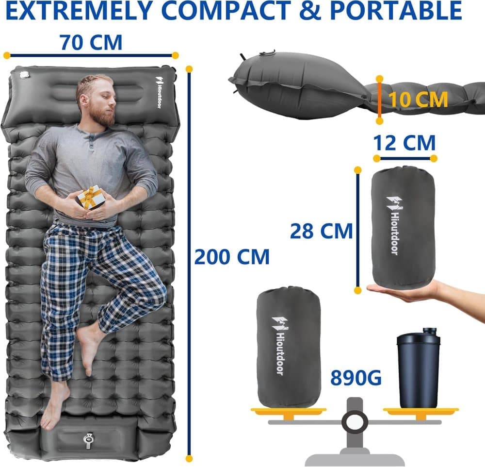 Self-inflating mattress 10cm, waterproof lightweight tear-resistant durable with foot pump for camping beach hiking, dark blue