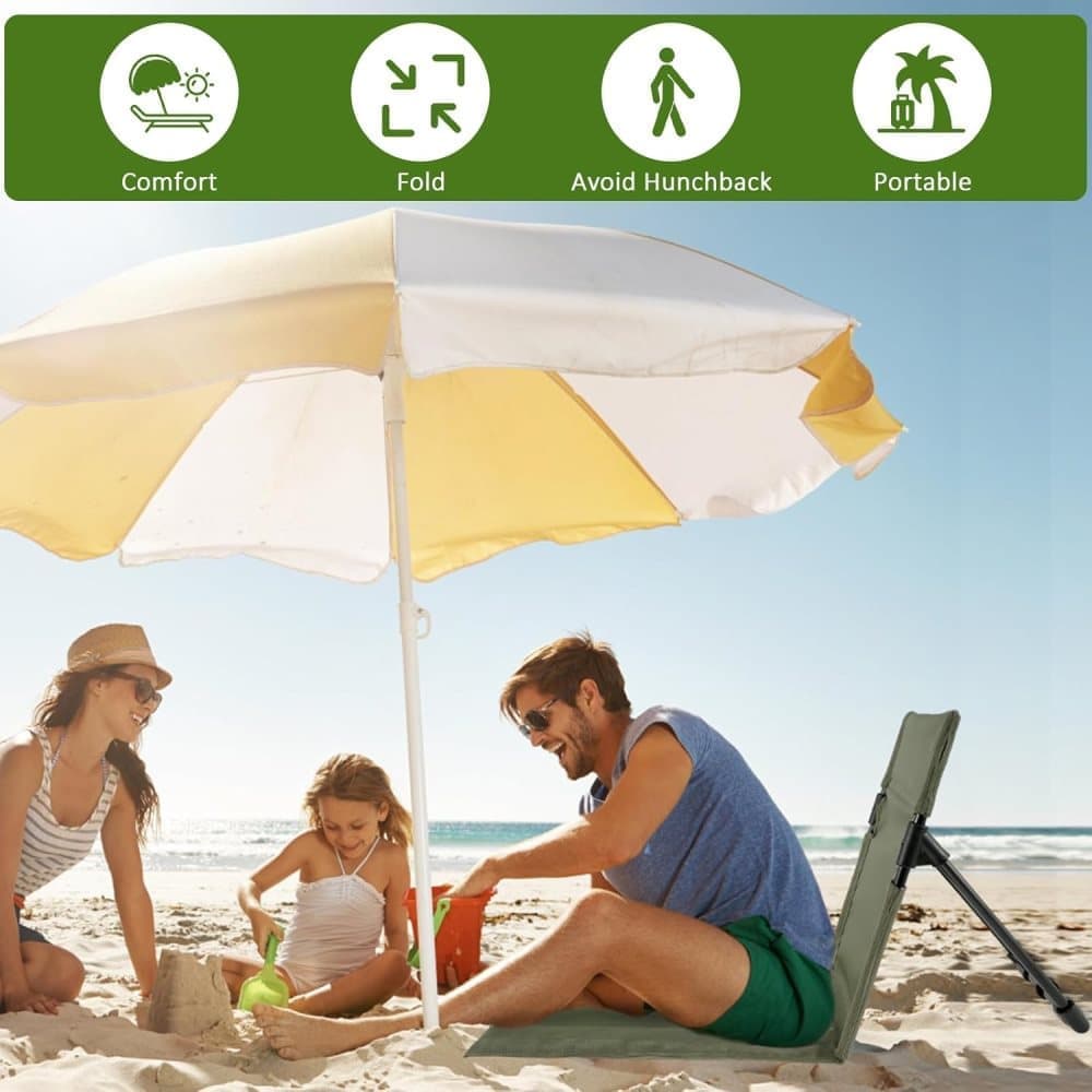 Foldable Beach Chair with Storage Bag, Collapsible Sun Lounger, Padded Lightweight Camping Chair, Green