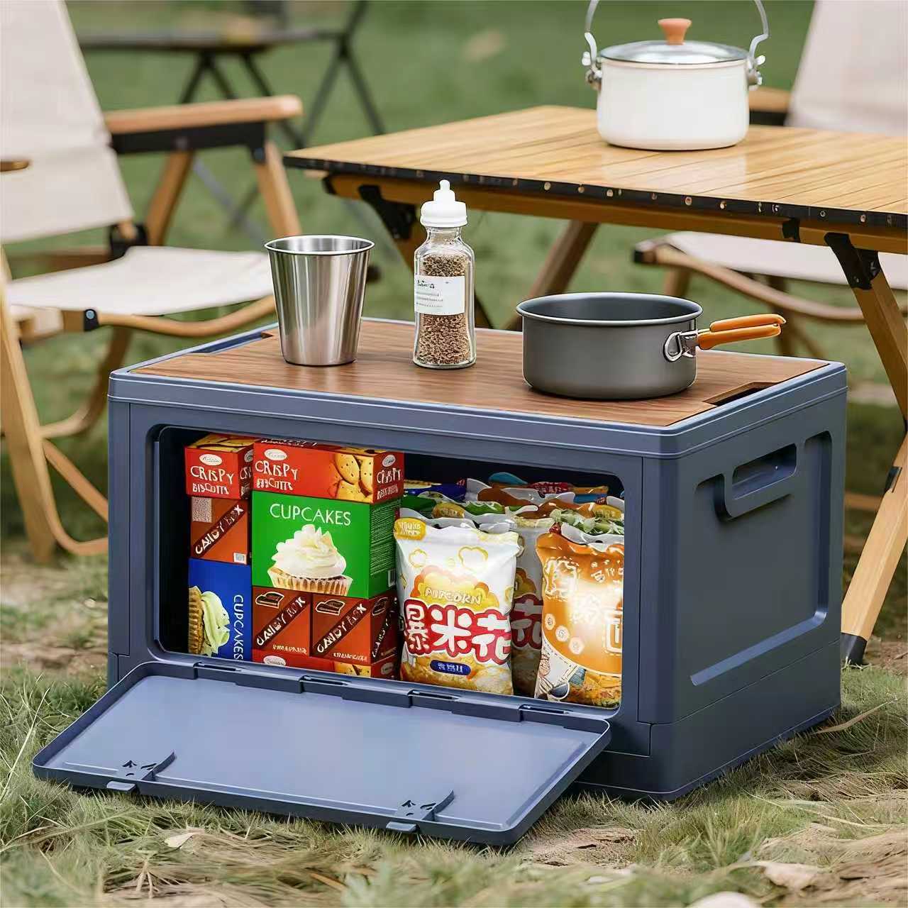 40cm White Multifunctional Foldable Storage Box with Wooden Lid - Collapsible Outdoor Camping Crate, Stackable Home Organizer with Side-Opening Doors for Car Trunk, Picnic and Pantry