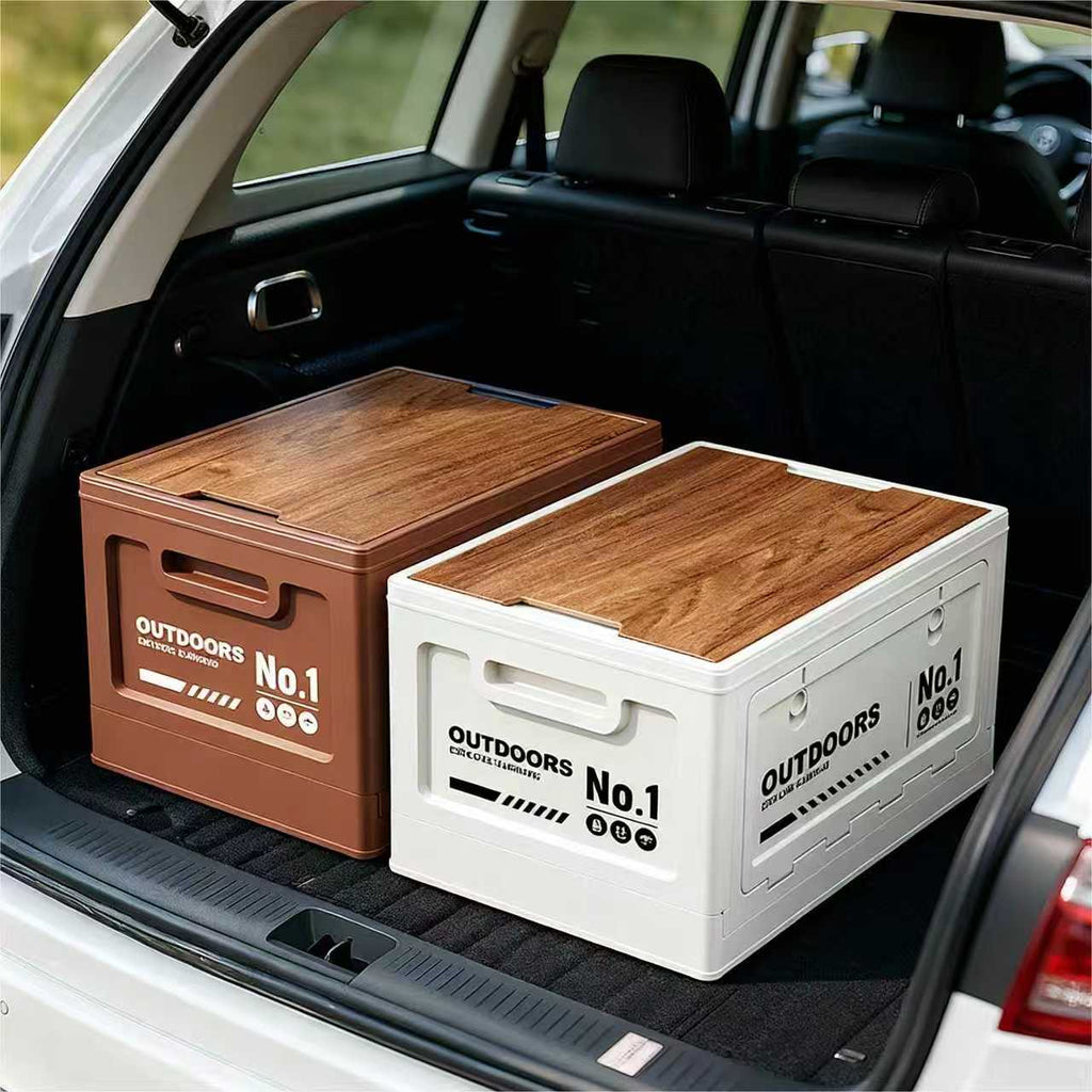 40cm Blue Multifunctional Foldable Storage Box with Wooden Lid - Collapsible Outdoor Camping Crate, Stackable Home Organizer with Side-Opening Doors for Car Trunk, Picnic and Pantry