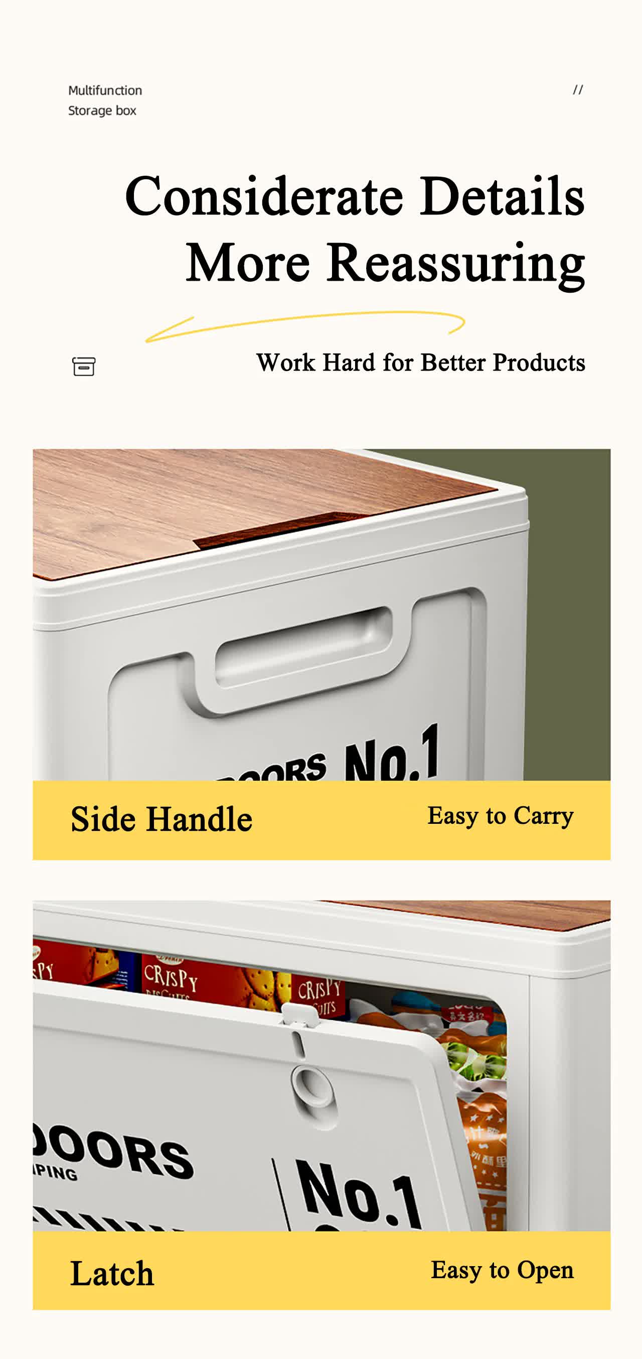 40cm Brown Multifunctional Foldable Storage Box with Wooden Lid - Collapsible Outdoor Camping Crate, Stackable Home Organizer with Side-Opening Doors for Car Trunk, Picnic and Pantry