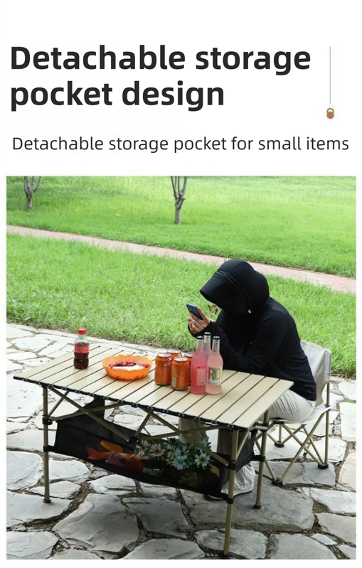 95CM Black Portable Folding Egg Roll Camping Table with Storage Bag & Mesh Net- Heavy-Duty Carbon Steel Picnic Table for 4-6 People