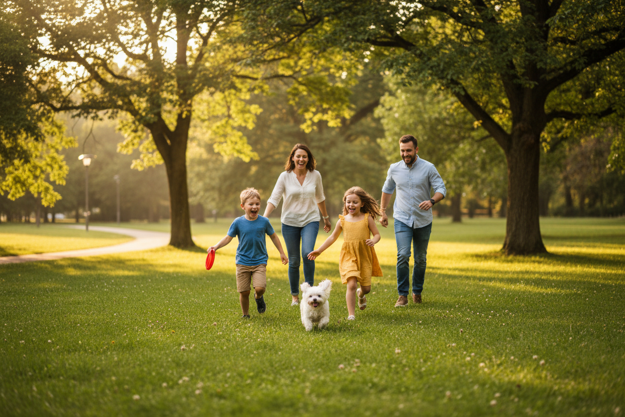 Family with small white dog and children running happily in the park with trees and grass.