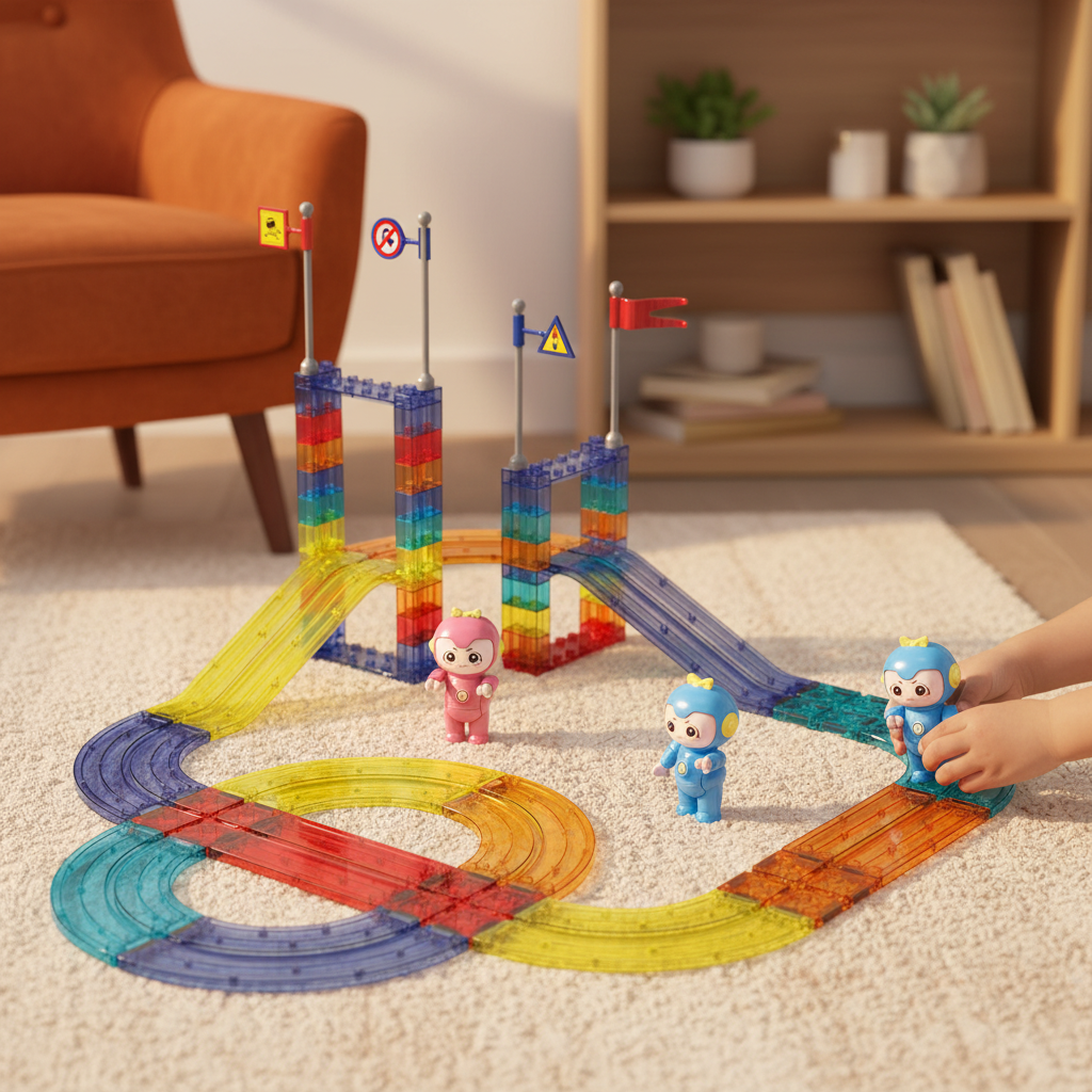 Colorful toy track set with small figures on a carpeted floor.